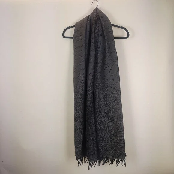 Charter Club Scarf Women's Gray Wool Paisley Floral Embroidery - Picture 2 of 8